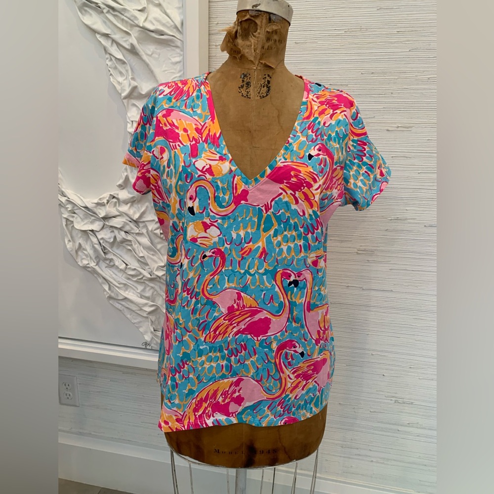 Lilly Pulitzer V-neck Flamingo Short Sleeve Tee Hot Pink Turquoise Orange sz XL
